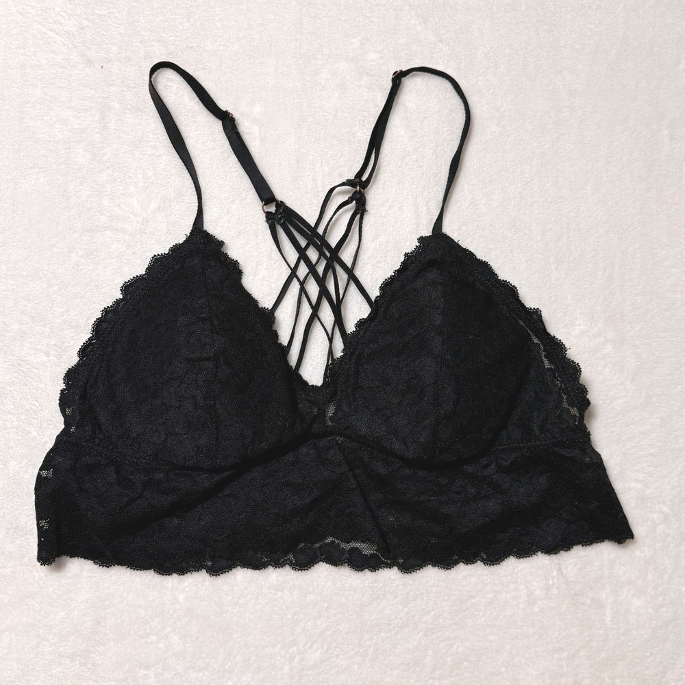Aerie Black Lace Bralette Medium Adjustable Strappy Back Wireless Scalloped